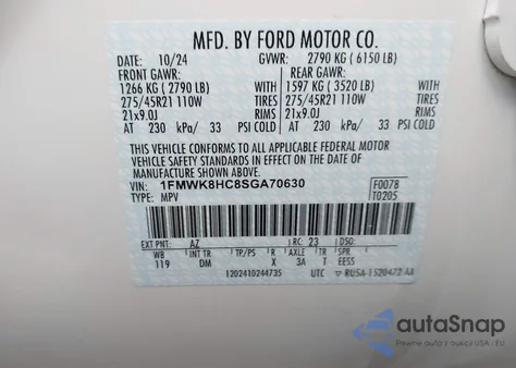 2025 Ford Explorer Platinum из США, поврежденный, VIN 1FMWK8HC8SGA70630